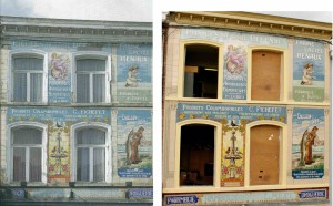 Restauration d'une  façade en céramique (Binche, dir.G.Bussienne). Avant-après traitement.